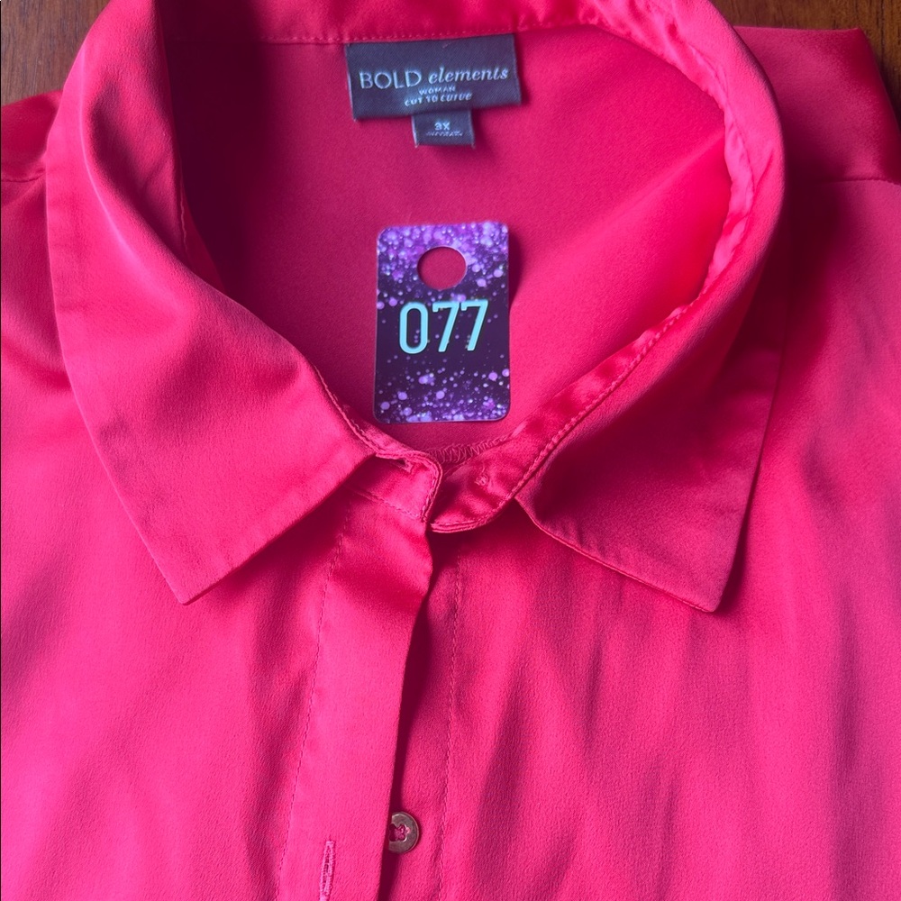 Bold Elements Vibrant Red Button-Down Silky Shirt - image 4